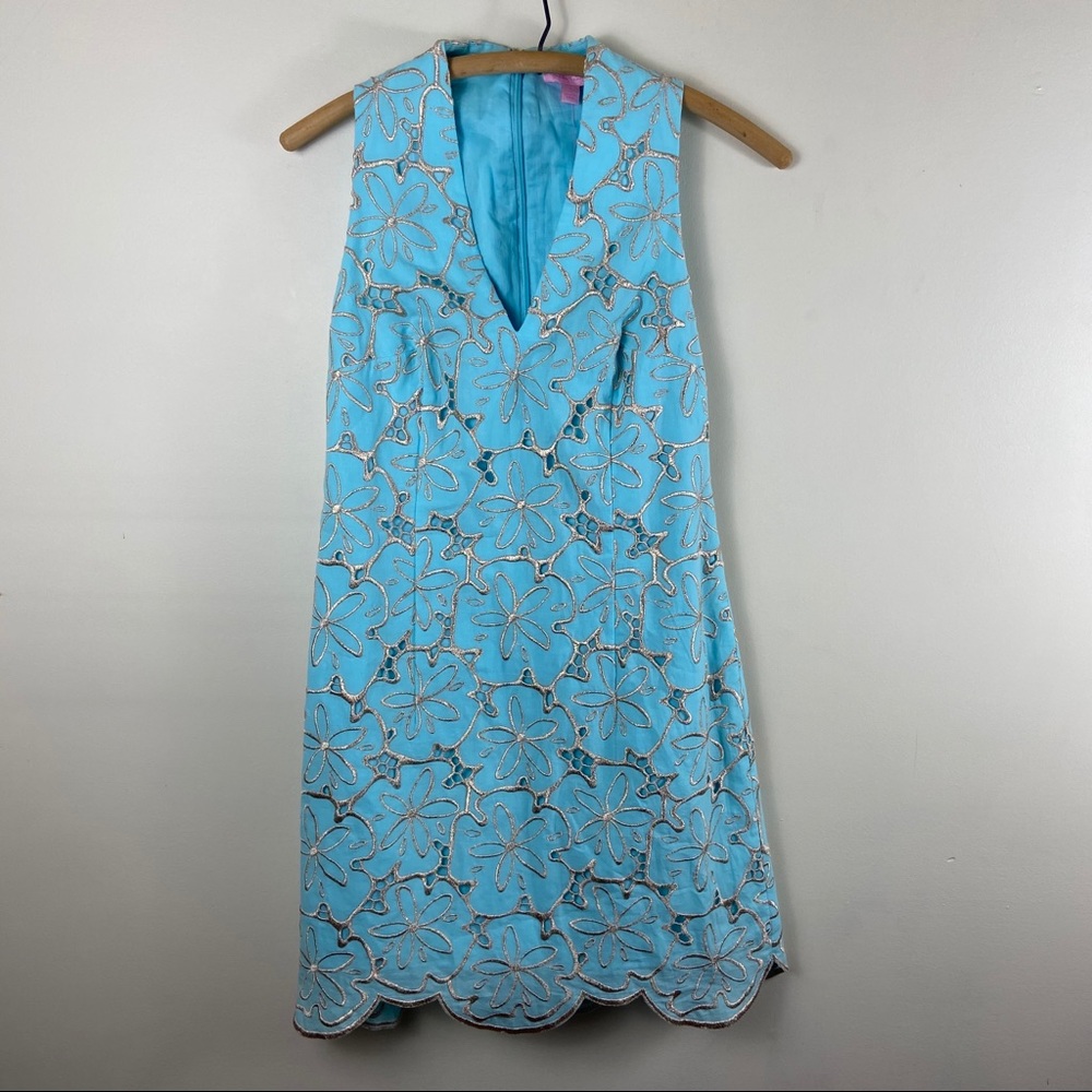 Lilly Pulitzer Turquoise Blue Floral Eyelet Shift Dress